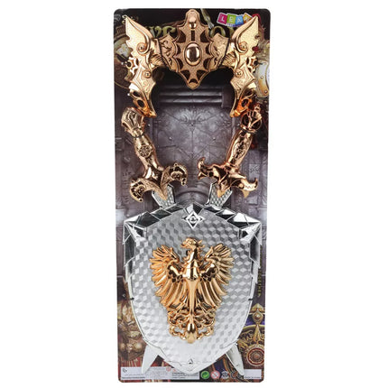 Riterio rinkinys: skydas, du kardai, kaukė, sidabrinis, auksinis, erelis