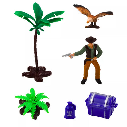 Kaubojų rinkinys: figūrėlės, vakarietiškas vežimas, arkliai, kaubojus, palmės