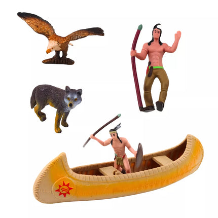 Indijos figūrėlių rinkinys Kaimo indėnai Palapinė Tipi Valtis Totemas