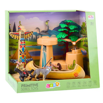 Indiškų figūrėlių rinkinys: kaimo indėnai, baidarė, totemas