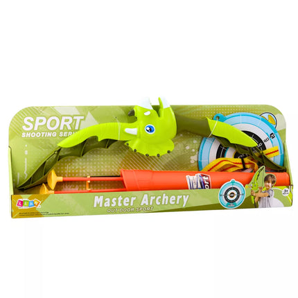 Žalias dinozauras, lankas, strėlės su siurbtukais ir skydas