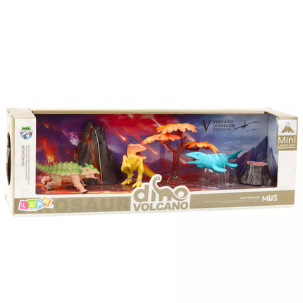 Realistiškų dinozaurų, ugnikalnio ir medžio figūrėlių rinkinys, 6 vnt.