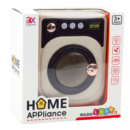 Žaislinė skalbimo mašina vaikams, elegantiškas apšvietimas, garsai, besisukantis būgnas, balta