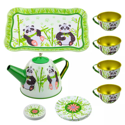 Arbatinukas Metalinis Ąsotis Puodeliai Lėkštės Panda Žalias 14 vnt.