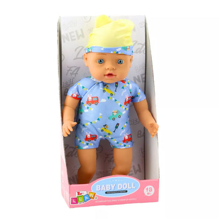 Mėlyni drabužėliai lėlei su raštais ir kepurė su ausytėmis, 31 cm