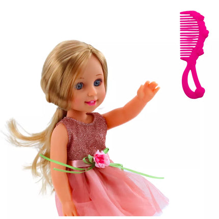 Lėlė su suknele ir kaspinu, ilgais plaukais, rožinė, su šukomis, 38 cm