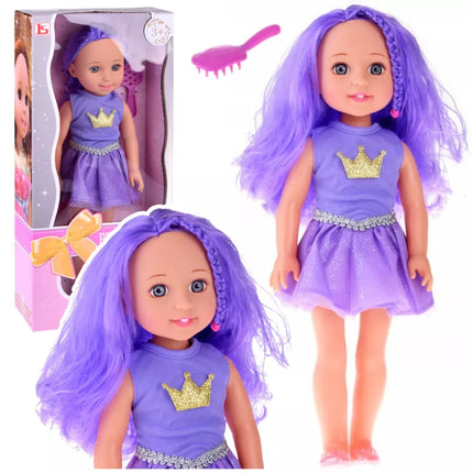 Lėlė su suknele, karūna, ilgais plaukais, violetinis šepetys, 38 cm