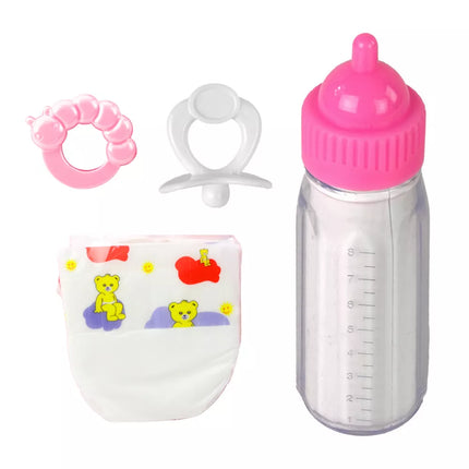 Lėlės aksesuarų rinkinys: čiulptukas, buteliukas, sauskelnė, barškutis