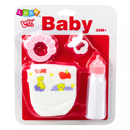 Lėlės aksesuarų rinkinys: čiulptukas, buteliukas, sauskelnė, barškutis