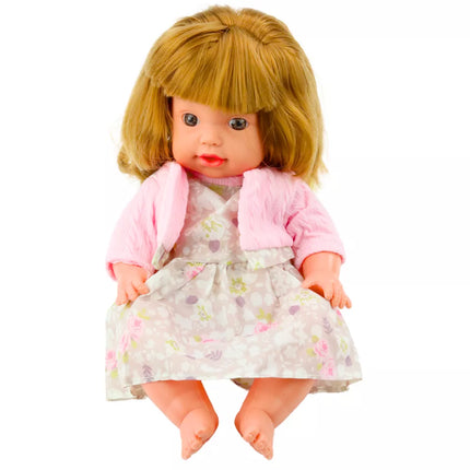 Lėlytė su buteliuku maitinimui, suknelė pudros rožinė, garsai, 30 cm