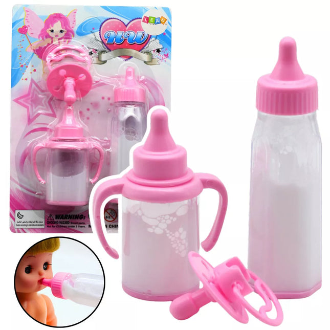 Lėlių buteliukų rinkinys su dingstančiu pienu ir čiulptuku