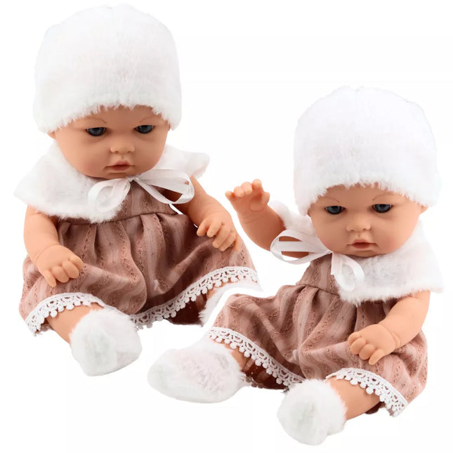 Smėlio spalvos suknelė, skrybėlė, apykaklė ir kojinės kūdikių lėlei