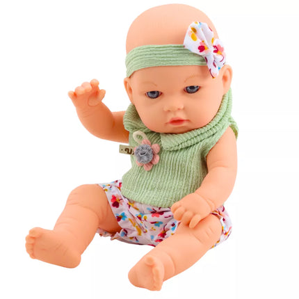 Lėlė kūdikiui, žalia su gėlėmis, su lankeliu