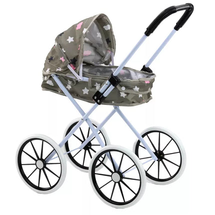 Lėlės vežimėlis dideliais ratais sulankstomas žvaigždės debesys pilkas 70cm
