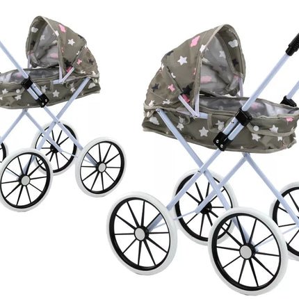 Lėlės vežimėlis dideliais ratais sulankstomas žvaigždės debesys pilkas 60 cm