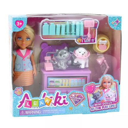 Miniatiūrinės lėlės veterinarės rinkinys su šunų ir kačių gydymo reikmenimis