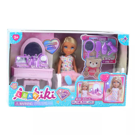 Ankiki lėlyčių komplektas, lovytė, persirengimo staliukas su veidrodžiu, aksesuarai