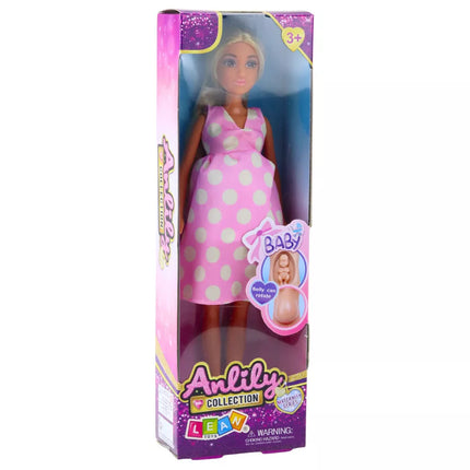 Anlily nėščia lėlė su šviesiai rožine taškuota suknele ir ilgais plaukais