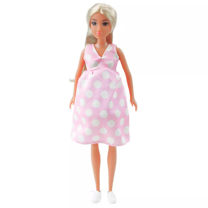 Anlily nėščia lėlė su šviesiai rožine taškuota suknele ir ilgais plaukais