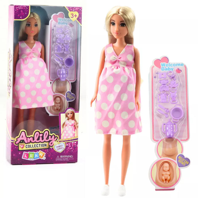 Anlily Nėščiosios lėlės su taškuota suknele ir priedais Kūdikis