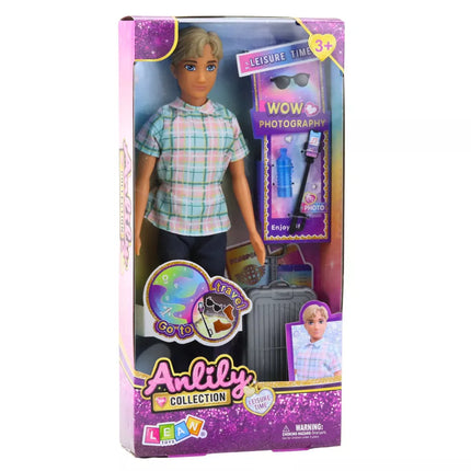 Anlily lėlės berniuko aksesuarų rinkinys: lagaminas, selfie lazdelė, akiniai, buteliukas