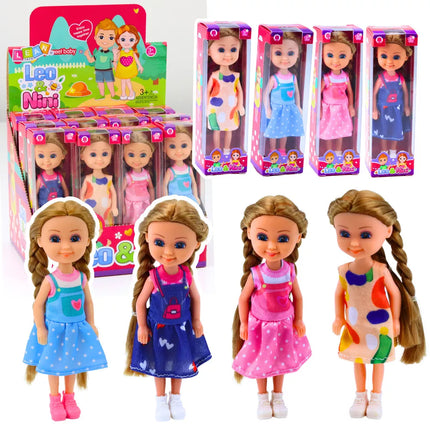 Miniatiūrinė lėlė ilgais plaukais su suknele 15cm Mix