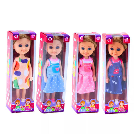 Miniatiūrinė lėlė ilgais plaukais su suknele 15cm Mix