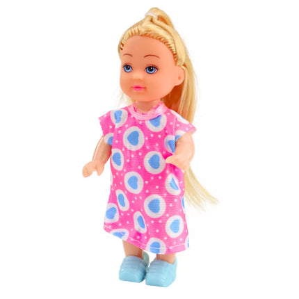 Mini lėlių rinkinys, priežiūros reikmenys, rožinė suknelė