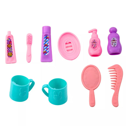 Mini lėlių rinkinys, priežiūros reikmenys, rožinė suknelė