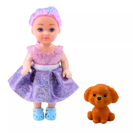 Mini lėlė suknelėje, dviaukštė lova, šuns rinkinys