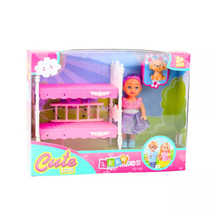 Mini lėlė suknelėje, dviaukštė lova, šuns rinkinys