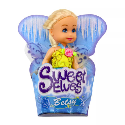 Miniatiūrinė lėlė fėja elfė mėlyna violetinė rožinė mišinys 11.5cm