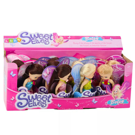 Miniatiūrinė lėlė fėja elfė mėlyna violetinė rožinė mišinys 11.5cm