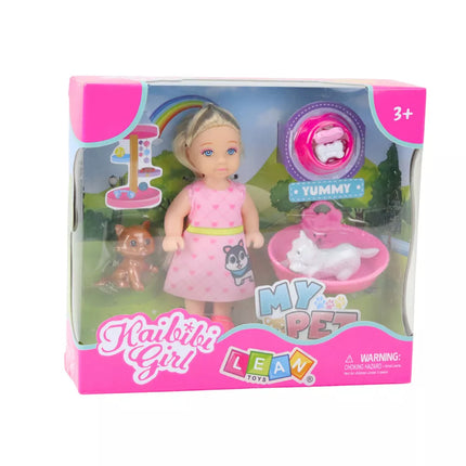 Mini lėlių rinkinys su šuniu ir kačiuku, lova ir maisto dubenėlis