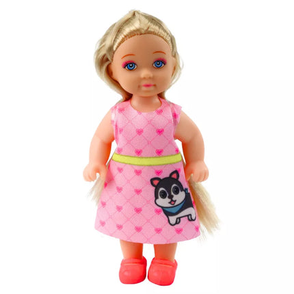 Mini lėlių rinkinys su šuniu ir kačiuku, lova ir maisto dubenėlis