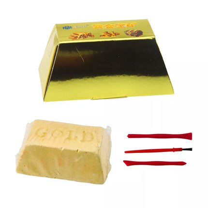 Atraskite auksą! Archeologinis rinkinys su aukso luitu, akmenimis ir įrankiais.