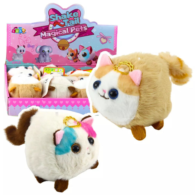 Minkštas kačiuko talismanas su vizginama uodegyte, rudos ir baltos spalvos