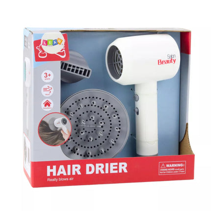 Baltas žaislinis plaukų džiovintuvas su dviem antgaliais ir garsu