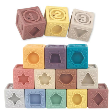 Minkšti sensoriniai edukaciniai struktūriniai spalvingi blokeliai, 12 vnt.