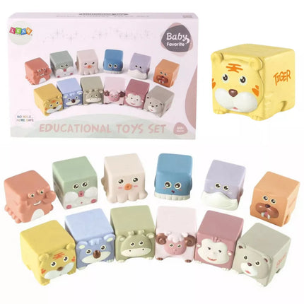 Minkštų sensorinių edukacinių gyvūnų kaladėlių rinkinys, 12 vnt.