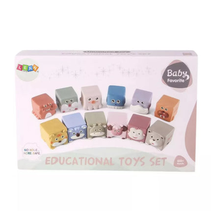 Minkštų sensorinių edukacinių gyvūnų kaladėlių rinkinys, 12 vnt.