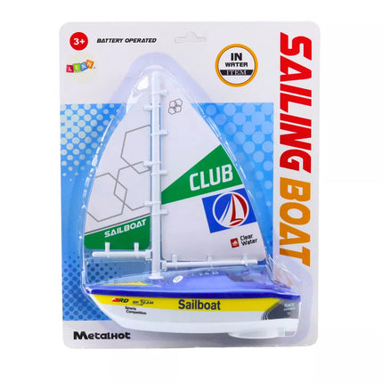 Mėlyna burinė valtis su turbinine pavara, maitinama baterijomis