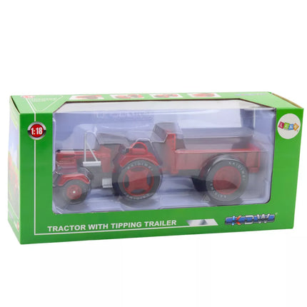 Metalinis raudonas traktorius su priekaba, mastelis 1:18