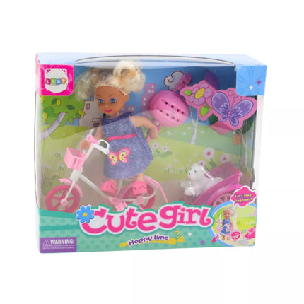 Mini lėlės dviračio priekaba, šalmas, baltas šunų rinkinys