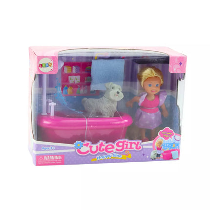 Miniatiūrinis lėlių rinkinys su vonia ir baltu šuniuku, rožinis