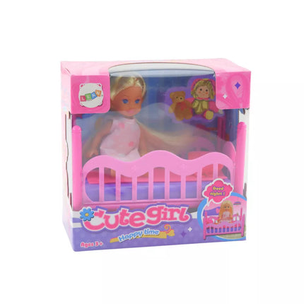 Mini lėlė su pižama, rožinės spalvos lova