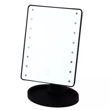 Kosmetinis veidrodis su 16 LED diodų, stovu ir reguliuojamu juodu paviršiumi