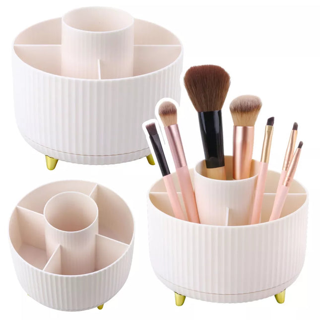 360° besisukantis kosmetinių šepetėlių organizatorius su 5 skyreliais, baltas
