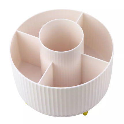 360° besisukantis kosmetinių šepetėlių organizatorius su 5 skyreliais, baltas