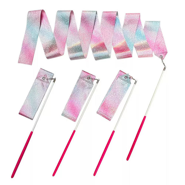 Gimnastikos juostelė šokių pratimams rožinė violetinė mėlyna blizgi